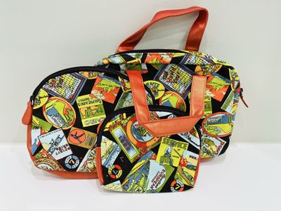 Travel-themed Zippered Organizer Bags Set of 3 - Vintage Decal Print, Canvas Material