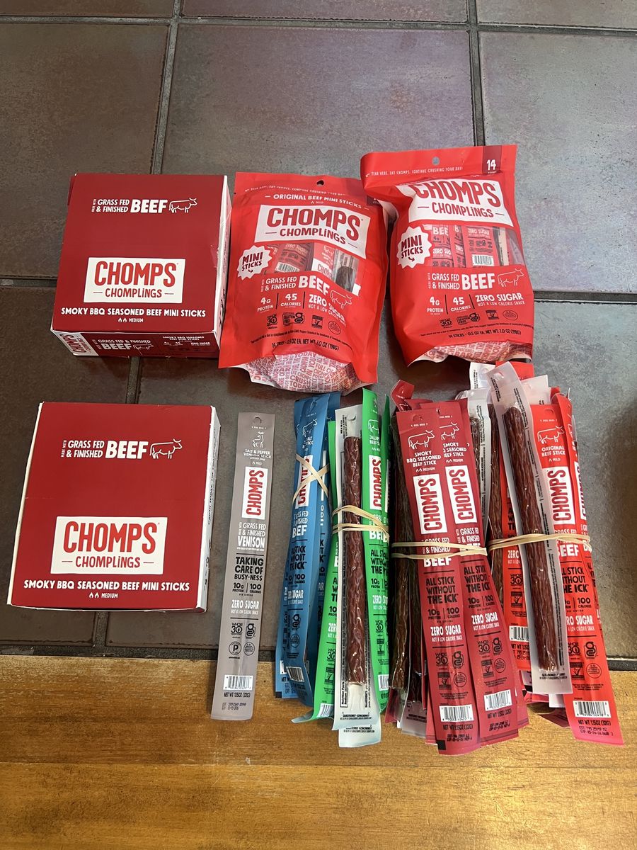 CHOMPS 42 large 1.15 oz  + 54 snack size 0.5 oz *variety of flavors* factory sealed (dates + flavors in description)