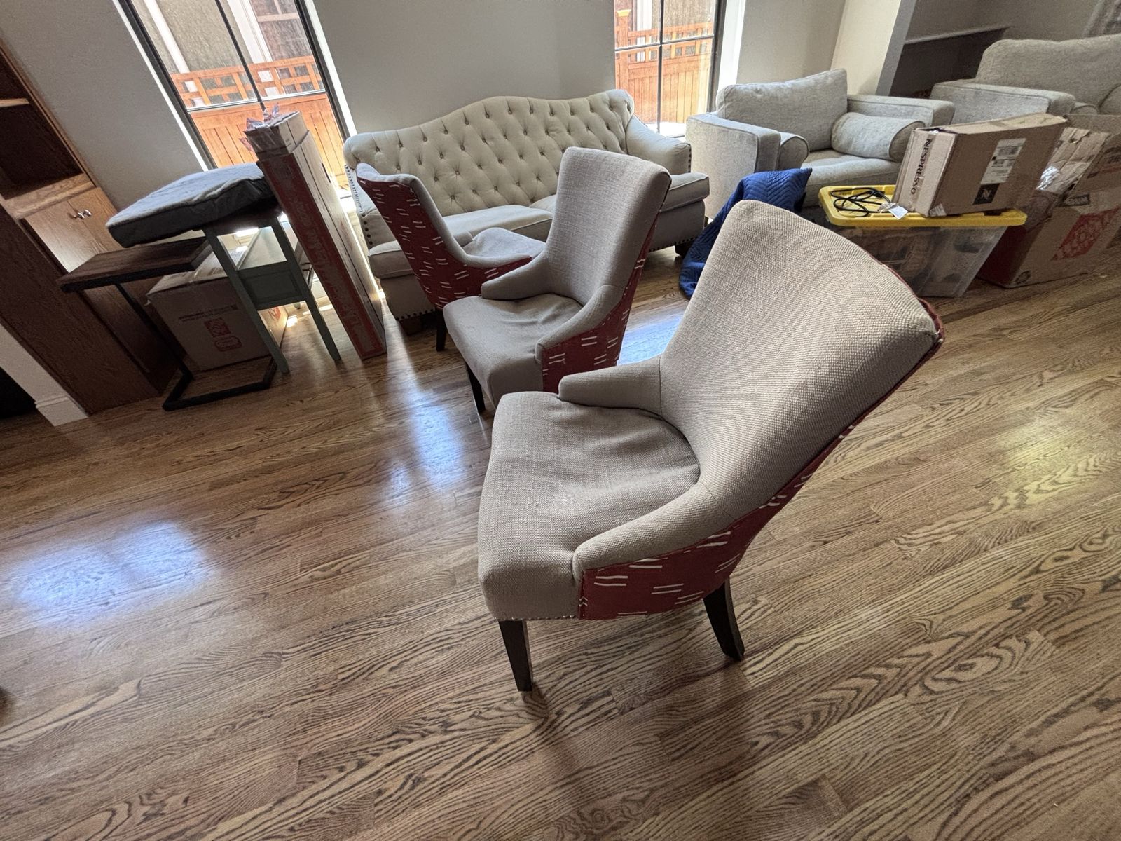 Set of 3 Upholstered Chairs - Red Pattern & Beige Fabric Dining/Living Room Seating