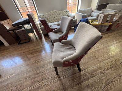 Set of 3 Upholstered Chairs - Red Pattern & Beige Fabric Dining/Living Room Seating