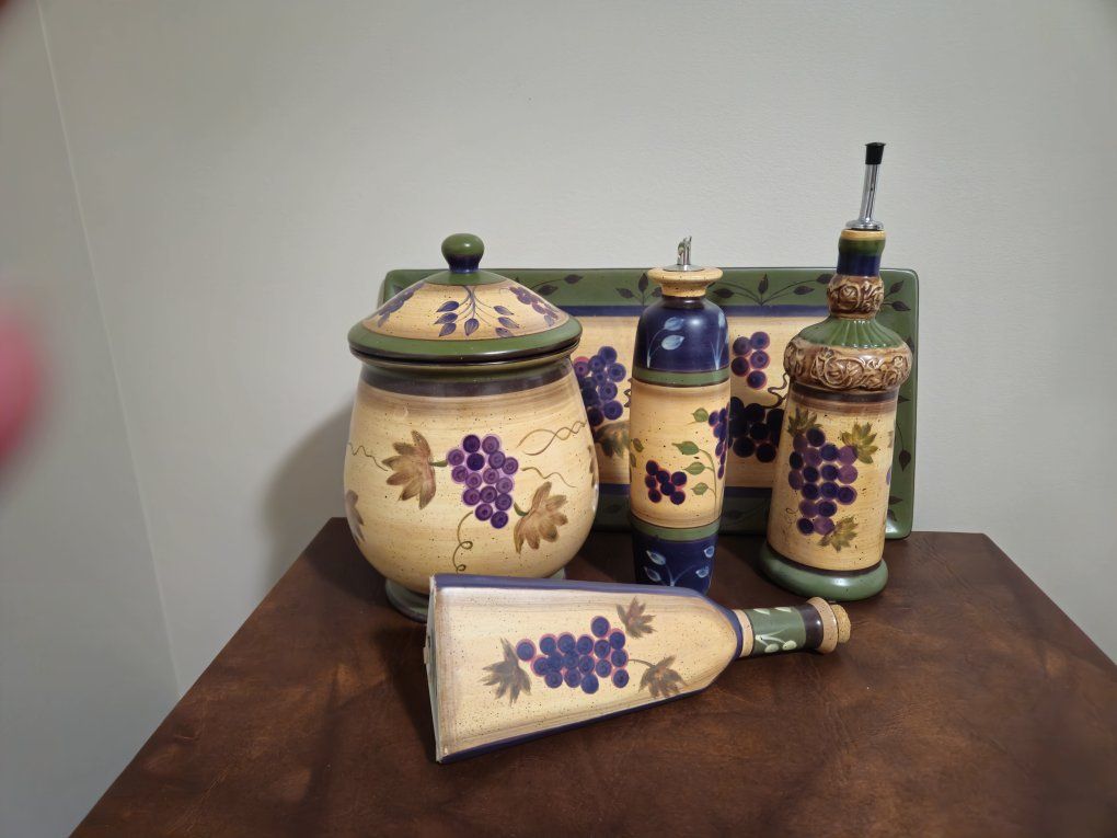 Hand-Painted Grape Motif Ceramic Canister, Oil & Vinegar Bottles, Tray Set - Kitchen Decor