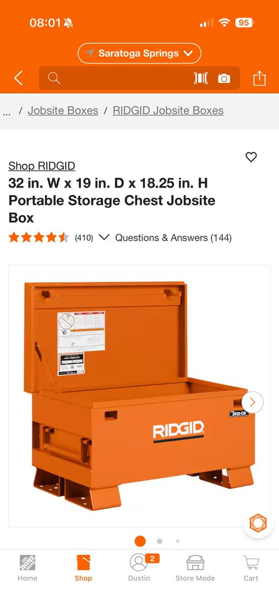 RIDGID 32in Portable Steel Jobsite Storage Chest Box - Orange, 32"W x 19"D x 18.25"H