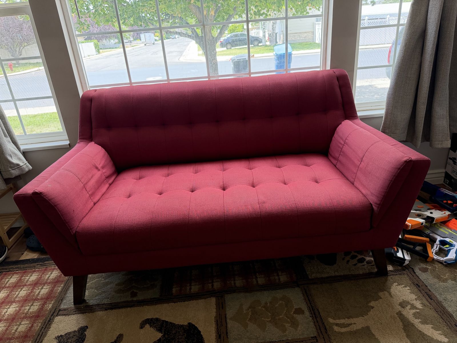 Red Tufted Loveseat Sofa - Mid-Century Modern Style, Good Condition