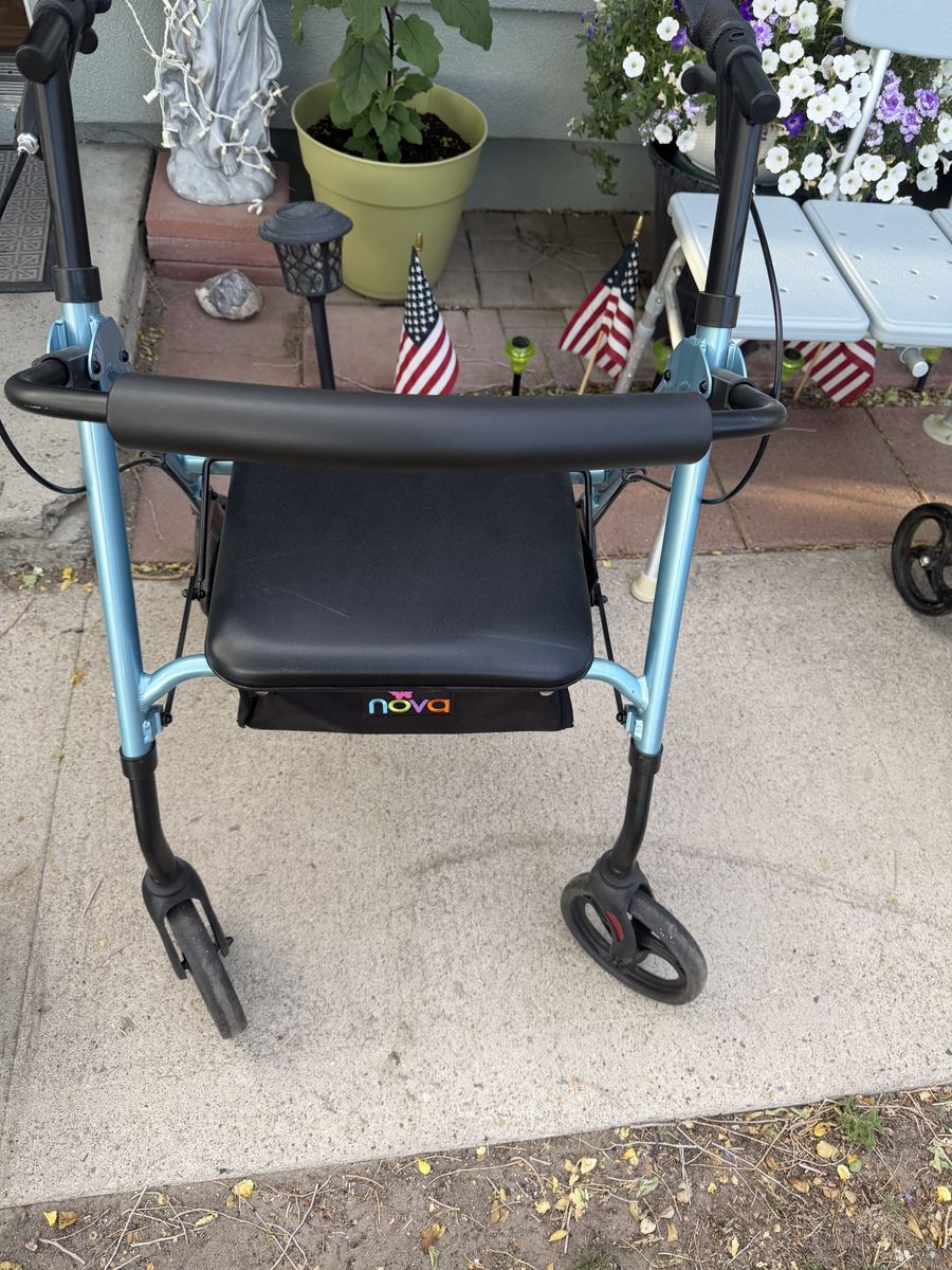 Mobility assist walkers and large shower bench