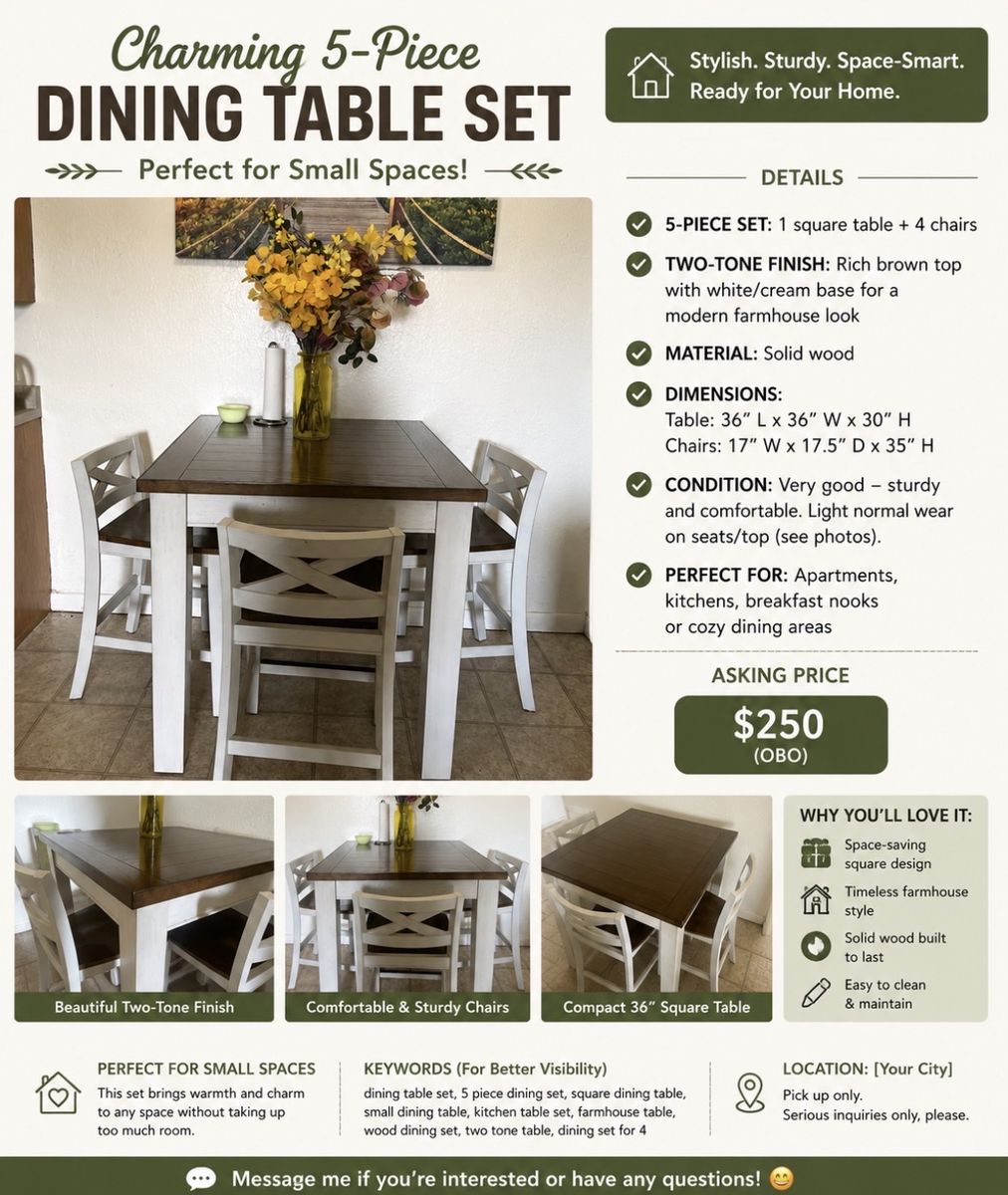 Charming 5-Piece Farmhouse Dining Set - 36" Square Table & 4 Chairs, Two-Tone Wood