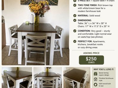 Charming 5-Piece Farmhouse Dining Set - 36" Square Table & 4 Chairs, Two-Tone Wood
