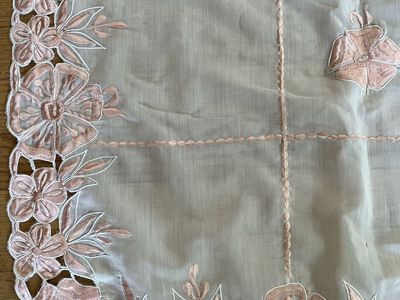 Antique Off White Colored Embroidered Tablecloth with Cutouts and Scalloping
