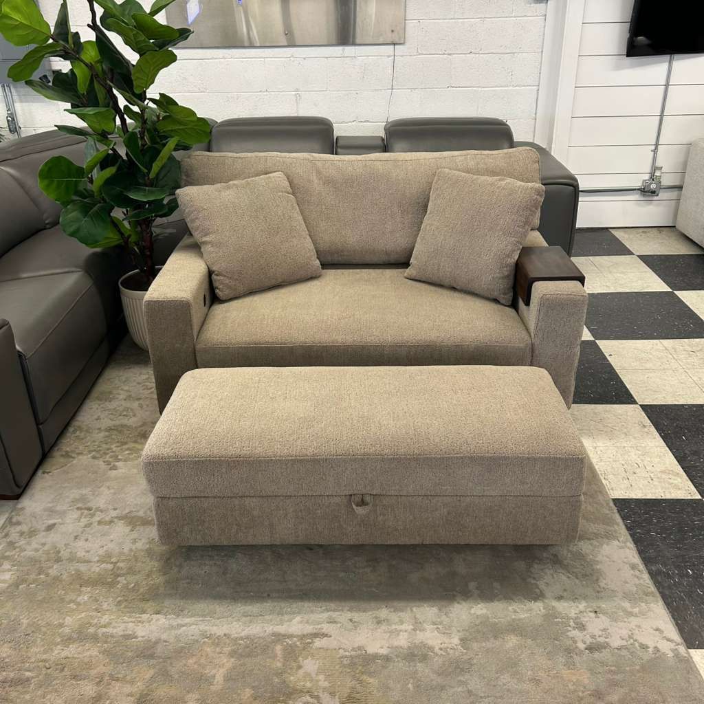 LIKE NEW!! COSTCO THOMASVILLE GILROY FABRIC OVERSIZED STORAGE CHAIR & STORAGE OTTOMAN!!