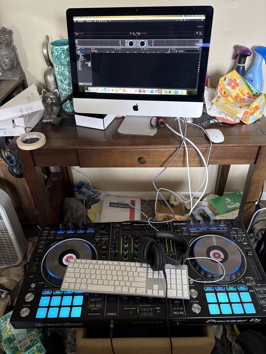Complete Pro DJ Setup - Pioneer DDJ-RZ (AlphaTheta), Apple iMac, Pioneer HDJ-X7 headphones + cases
