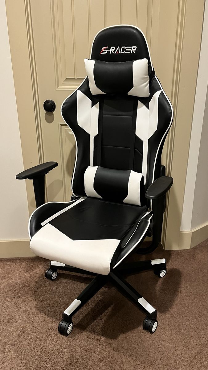 S-Racer Black and White Ergonomic Gaming Chair with Pillows