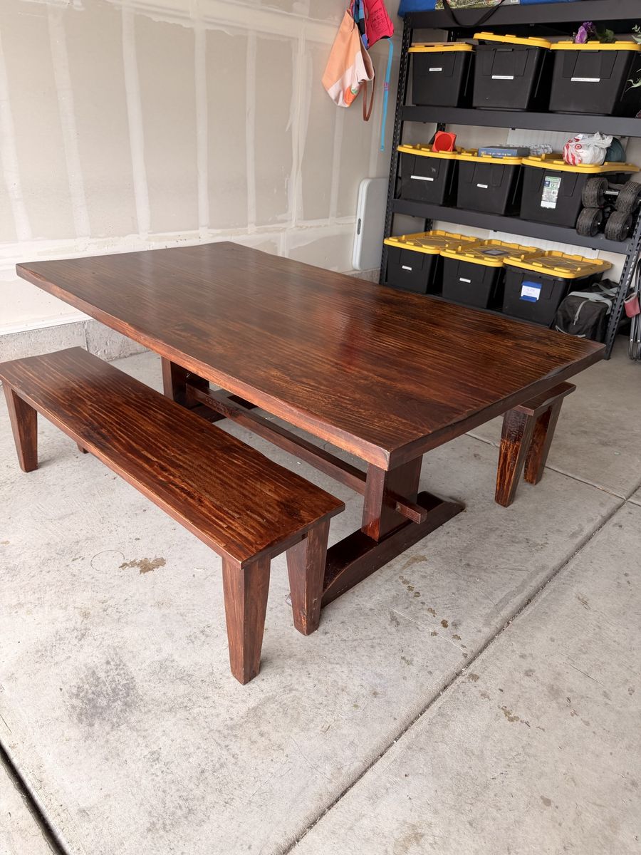 Handcrafted Solid Redwood Dining Table & Bench Set - Rustic Dark Wood Finish, live edge