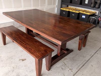Handcrafted Solid Redwood Dining Table & Bench Set - Rustic Dark Wood Finish, live edge