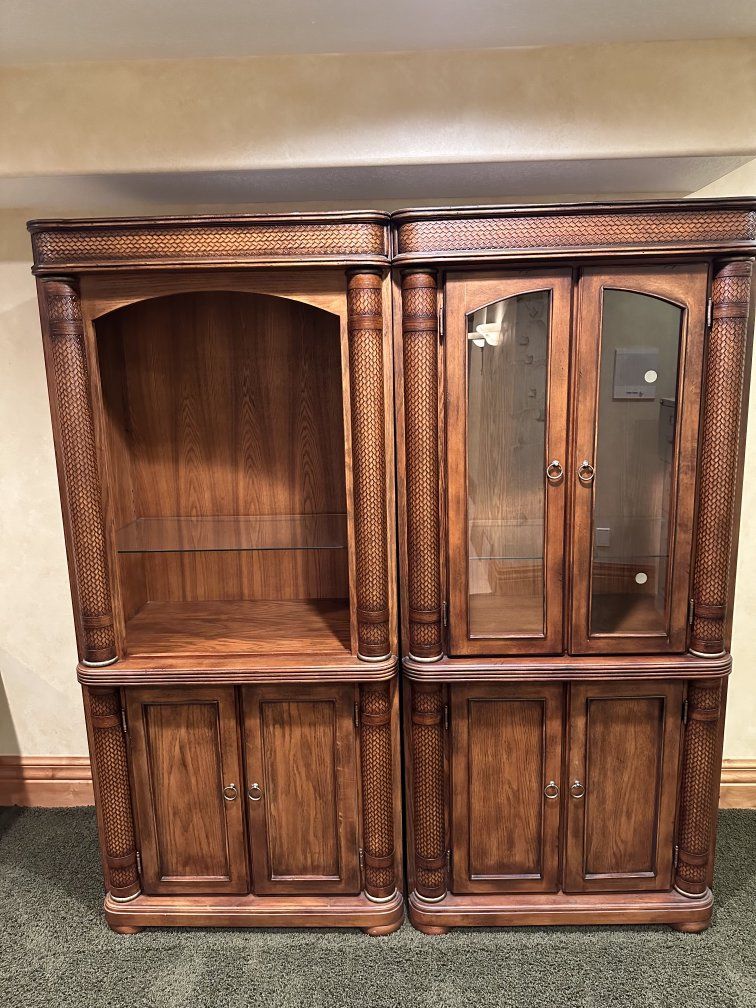 Stately Wooden Entertainment Center and Display Cabinet Set with Glass Shelves and Storage