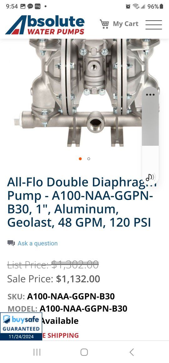 All-Flo A100-NAA-GGPN-B30 Double Diaphragm Pump, 1" Aluminum, 48 GPM, 120 PSI