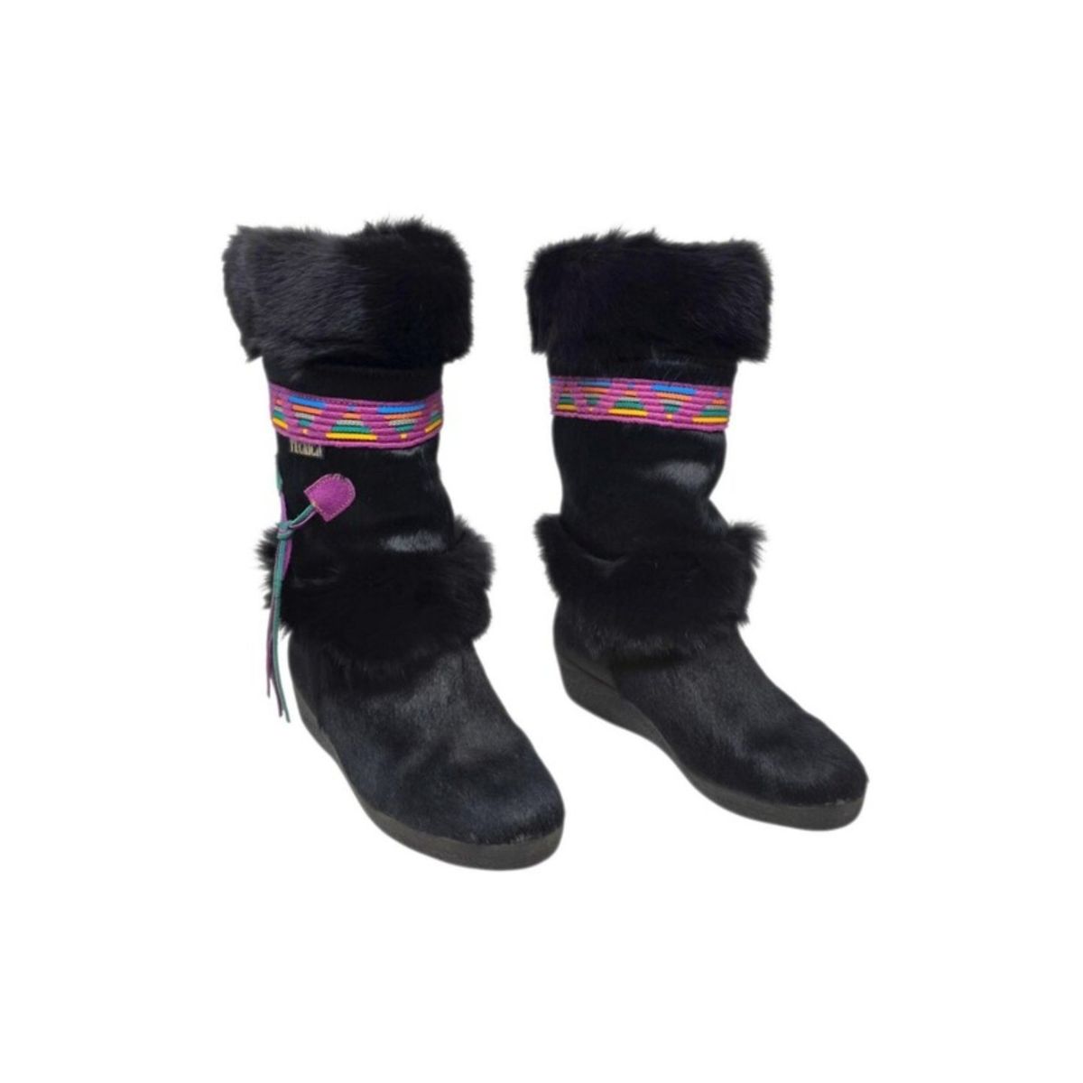 Vintage Tecnica Italy Black Genuine Fur Après Ski Boots US 8.5 Tassels & Cording