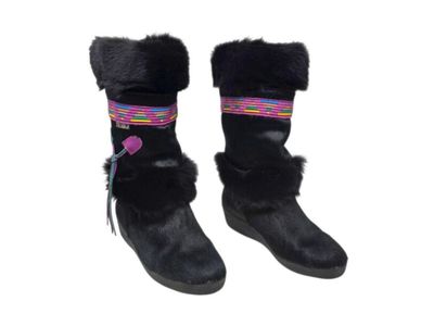 Vintage Tecnica Italy Black Genuine Fur Après Ski Boots US 8.5 Tassels & Cording