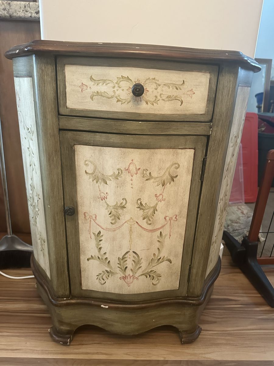 Distressed Green & Cream Hand-Painted Floral Accent Cabinet Side Table with Drawer & Door