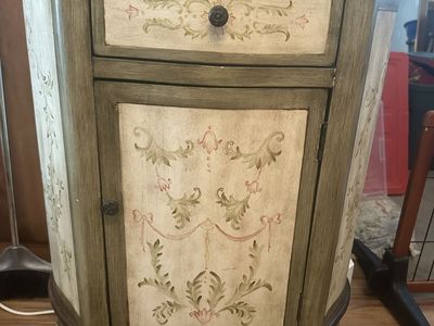 Distressed Green & Cream Hand-Painted Floral Accent Cabinet Side Table with Drawer & Door