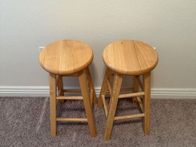 Pair of Wooden Bar Stools, Natural Wood Finish, Round Seat