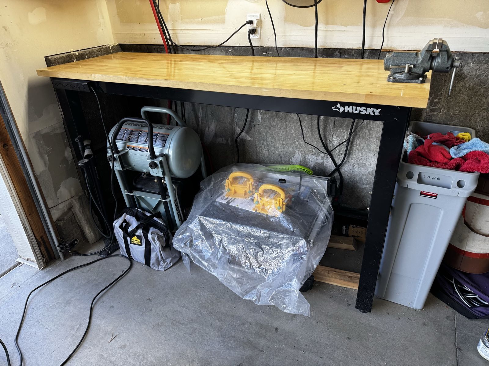 Husky Solid Wood Top Workbench with Built-in Power and Wilton Vise