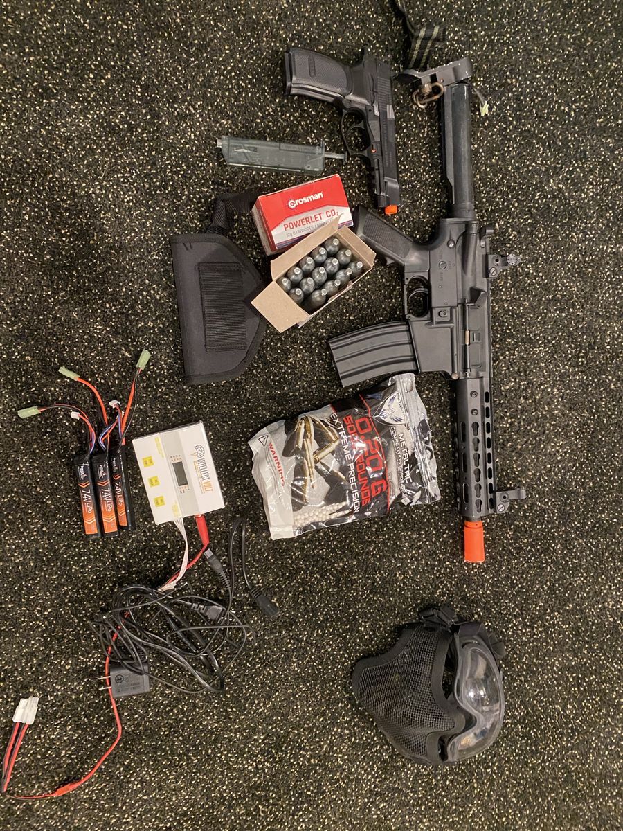 Complete Airsoft Gun Bundle - AEG M4 Rifle, Bersa Thunder 9 Pro Pistol, Batteries & Accessories