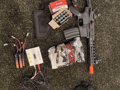 Complete Airsoft Gun Bundle - AEG M4 Rifle, Bersa Thunder 9 Pro Pistol, Batteries & Accessories