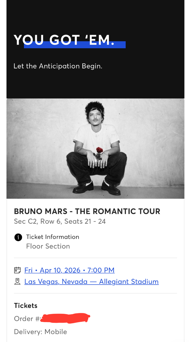 2x Bruno Mars FLOOR Tickets