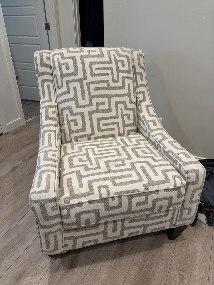 Patterned Accent Armchair with Geometric Design and Dark Wood Legs