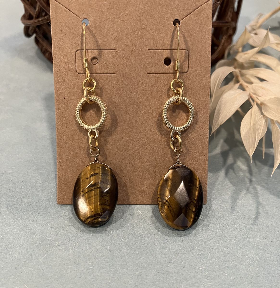 Tiger Eye & Gold Beaded Dangle Earrings