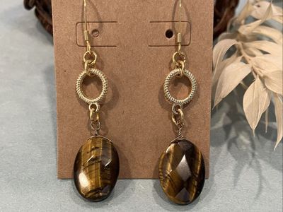 Tiger Eye & Gold Beaded Dangle Earrings