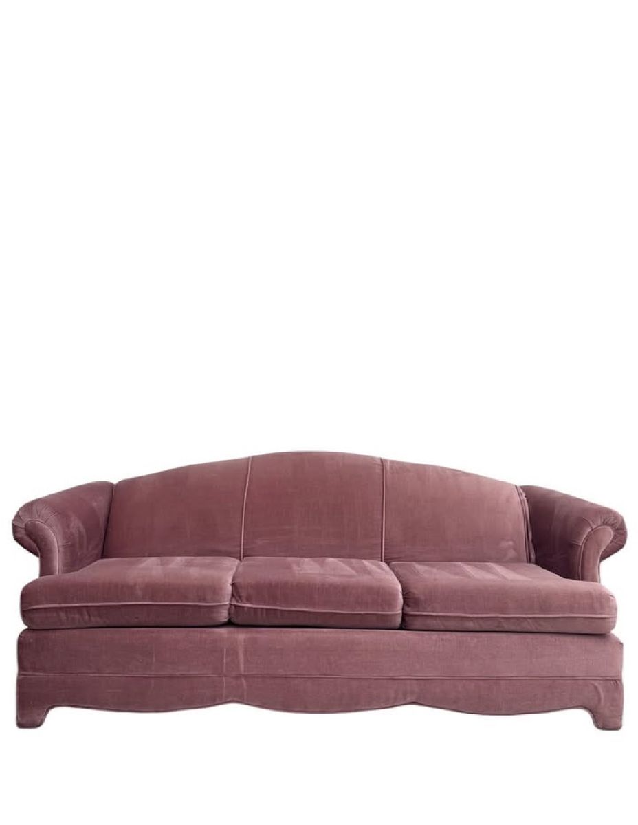 Vintage Pink Velvet Camelback Sofa - 3-Cushion Upholstered Couch