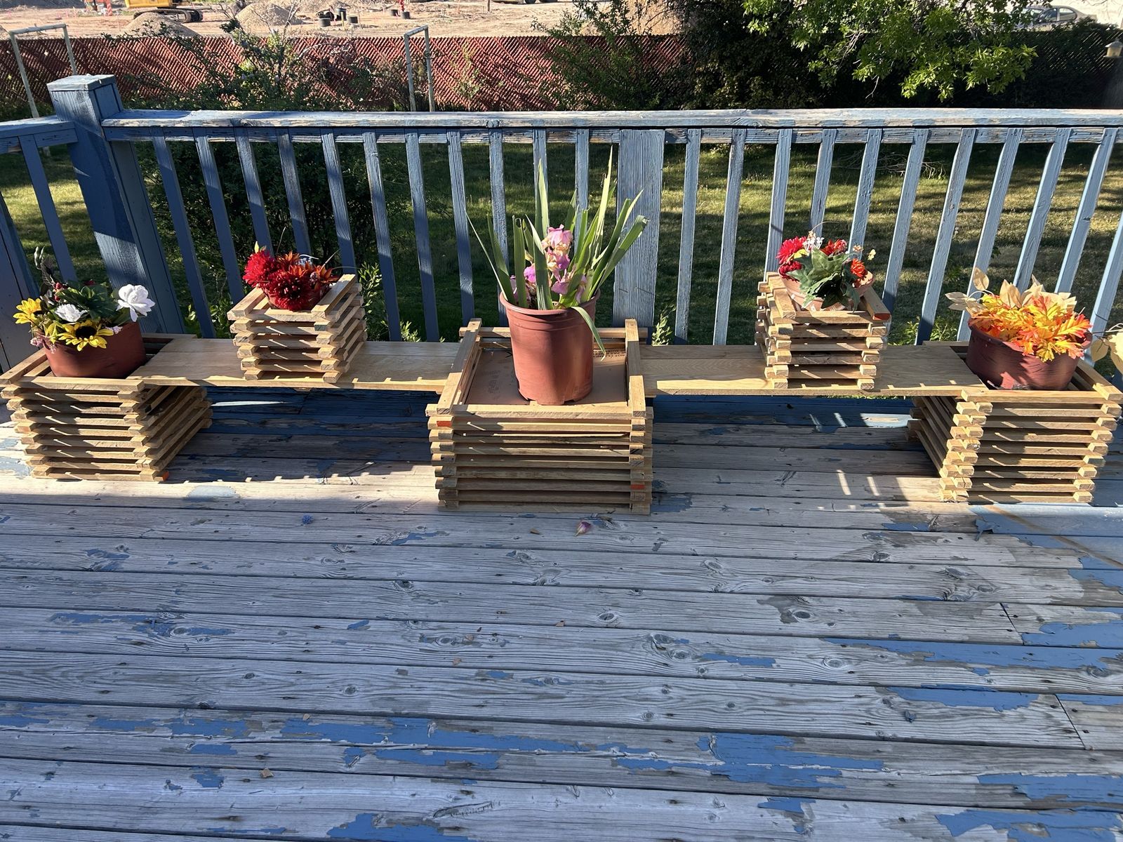 Solid oak seven piece planter box with sitting ben