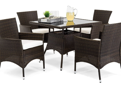 5-Piece Wicker Patio Dining Set with Glass Top Table