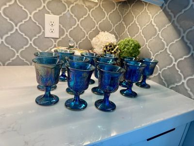 Set Of 12 Blue Carnival Glass Cups/Goblets