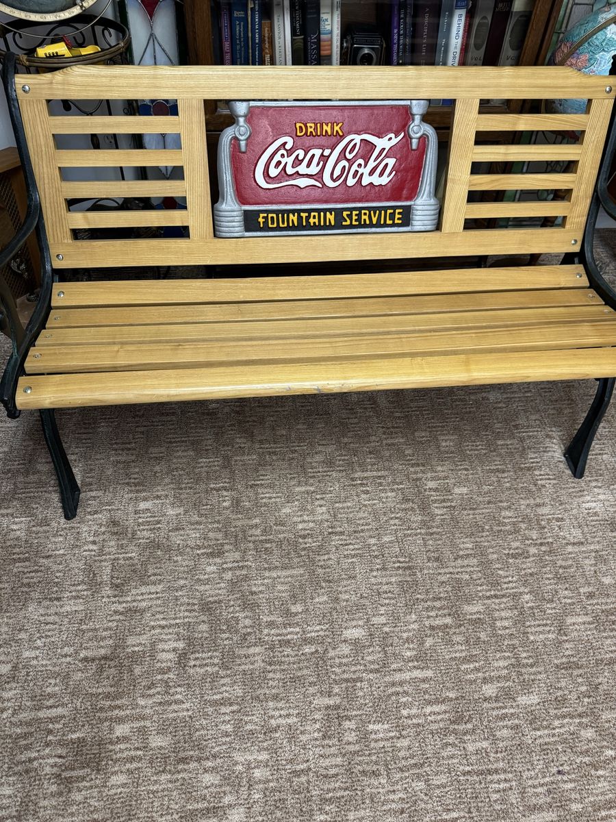 Coca-Cola "Drink Fountain Service" Wooden & Metal Bench - Indoor/Outdoor Seating