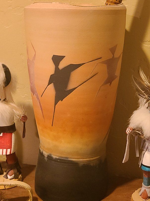 Handmade Native American Style Ceremonial Drum with Figures and Two Kachina Dolls