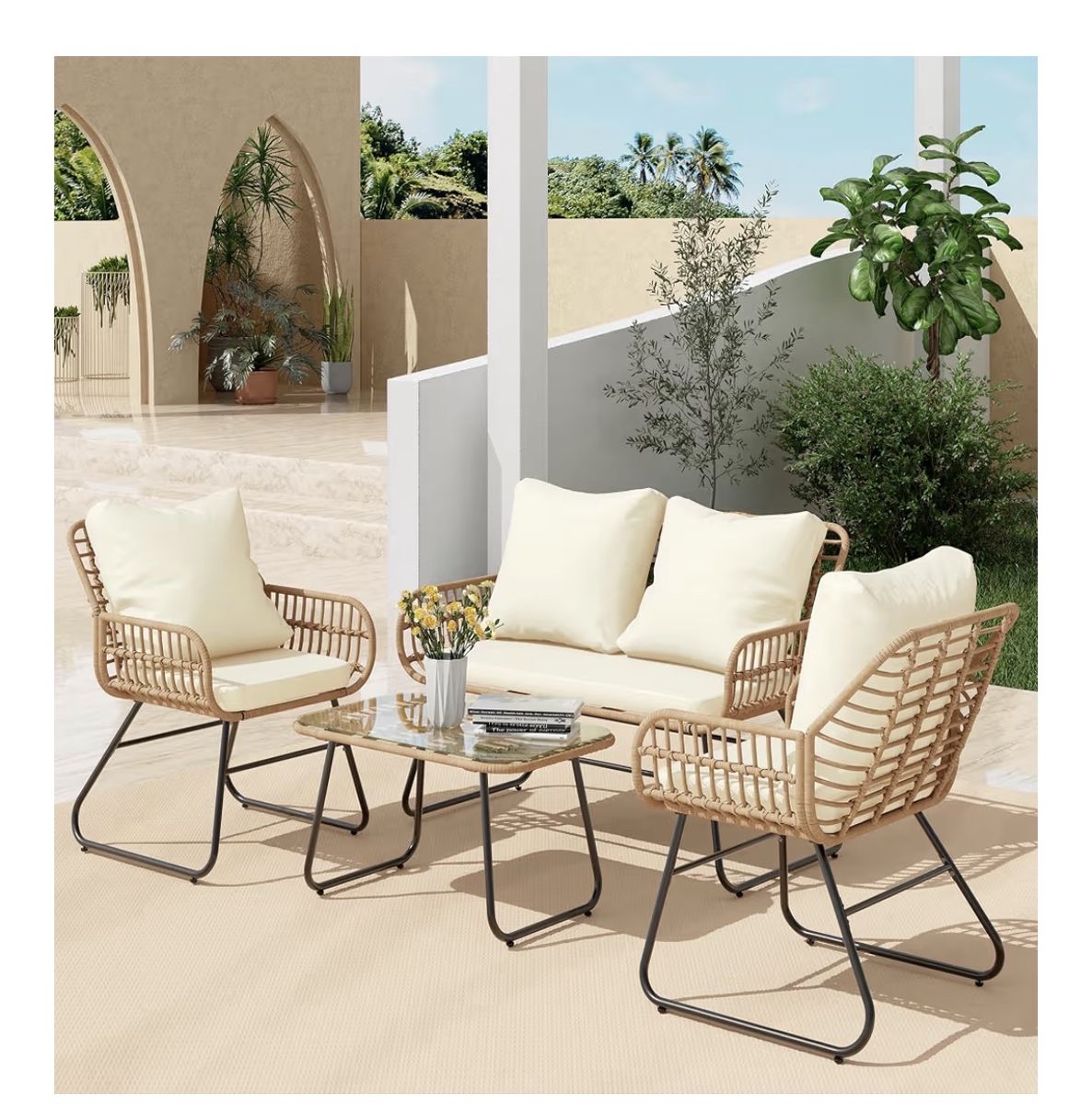 4-Piece Rattan Patio Furniture Set w/ Glass Coffee Table & Cushions - Outdoor Seating