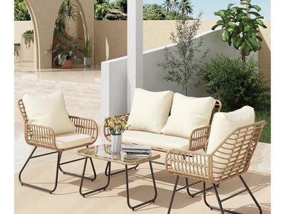 4-Piece Rattan Patio Furniture Set w/ Glass Coffee Table & Cushions - Outdoor Seating