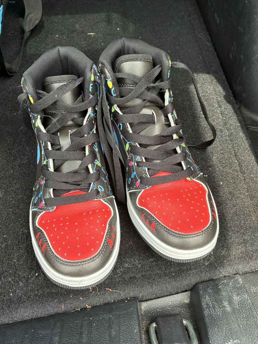 Strange Things Custom Hi-Top Sneakers - Black/Red/Multi-Color, Size 2.5-3 (Youth)