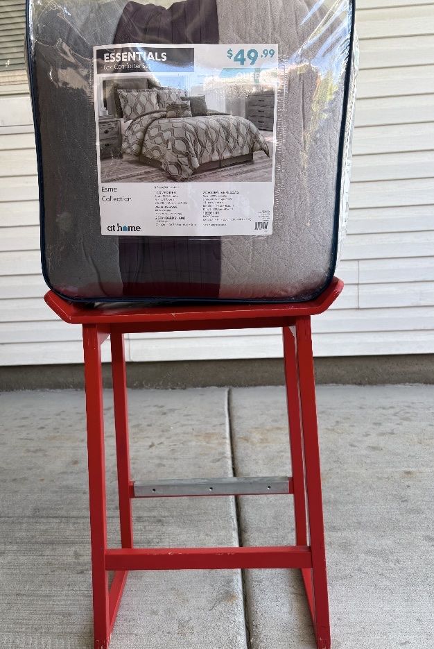 Queen Size Bedding + Red Stool