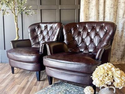*FREE DELIVERY* Tafton Brown Leather Tufted Club Chairs