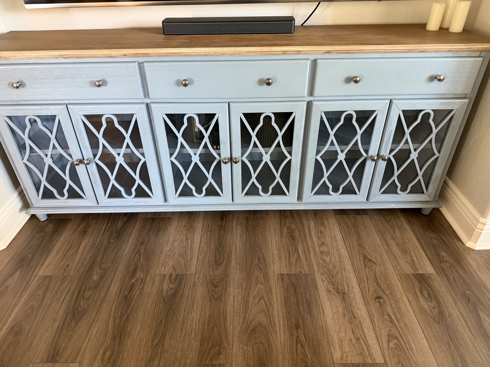 Media Console Cabinet w/ Glass Doors & Drawers - Distressed Blue/Wood Top