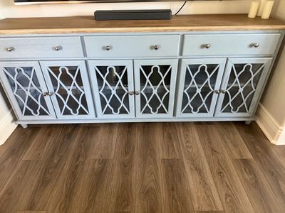 Media Console Cabinet w/ Glass Doors & Drawers - Distressed Blue/Wood Top
