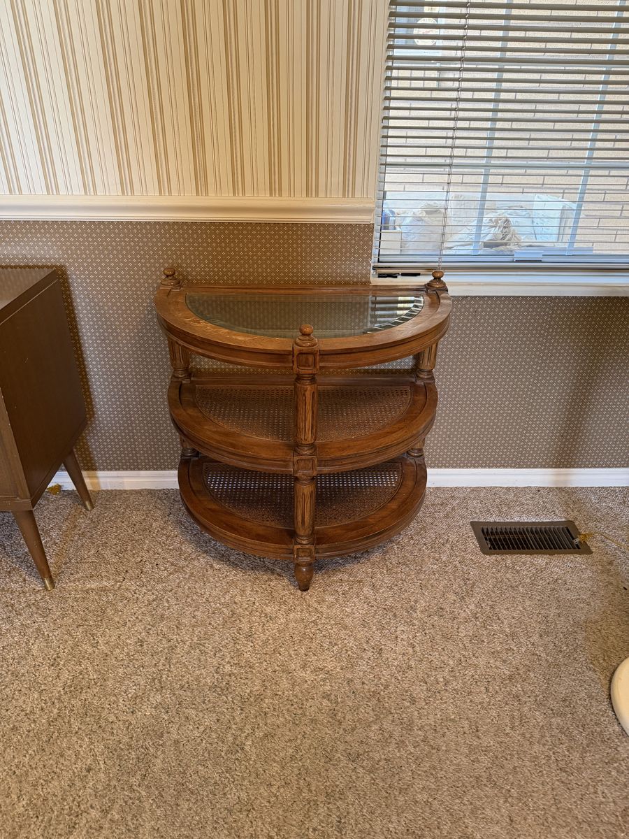Vintage 1977 Thomasville Demilune Console Accent Table – Glass & Cane $250