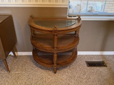 Vintage 1977 Thomasville Demilune Console Accent Table – Glass & Cane $250
