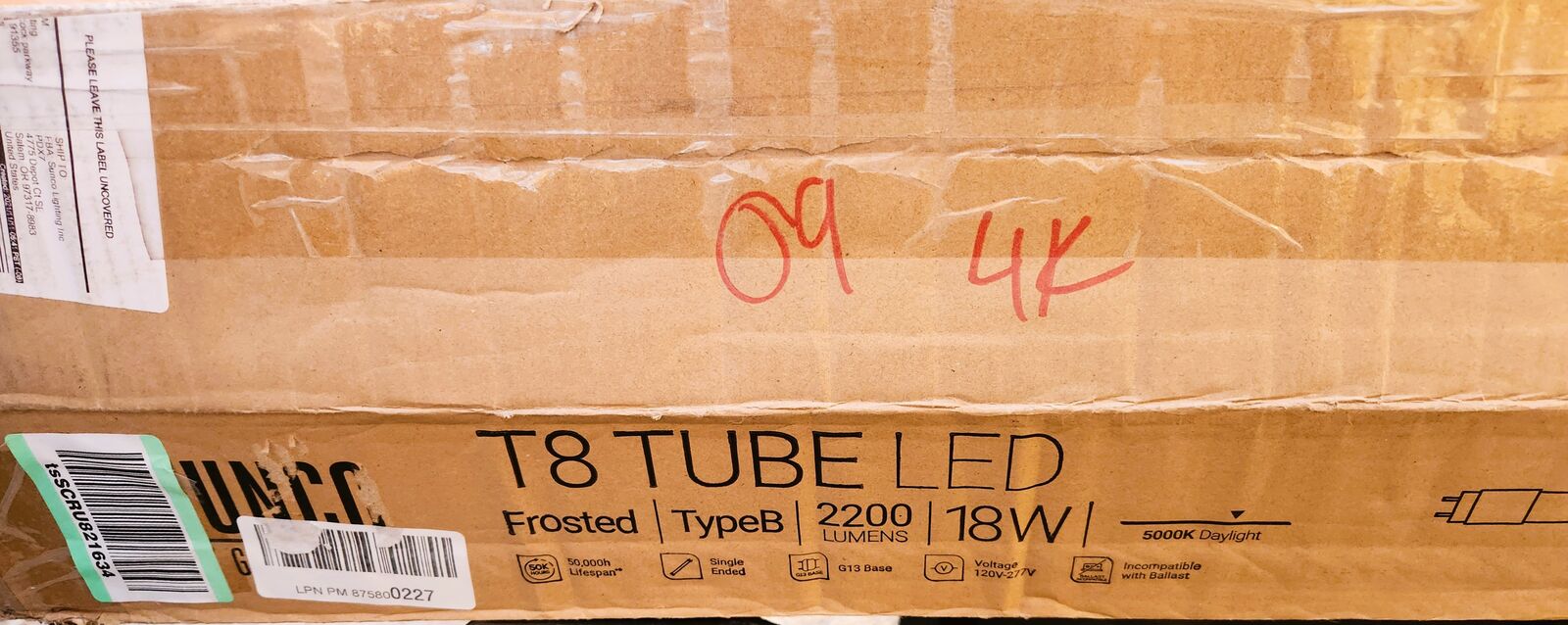 T8 LED 48" Lamp Sunco Frosted Type B 2200 Lumens 18 Watt 9 QTY