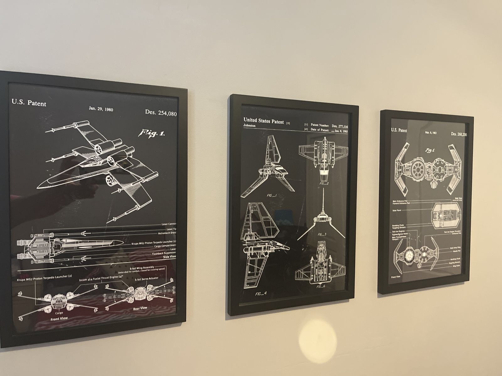 Star Wars Patent Prints Framed Set of 3: X-Wing, Imperial Shuttle, TIE Fighter Schematics