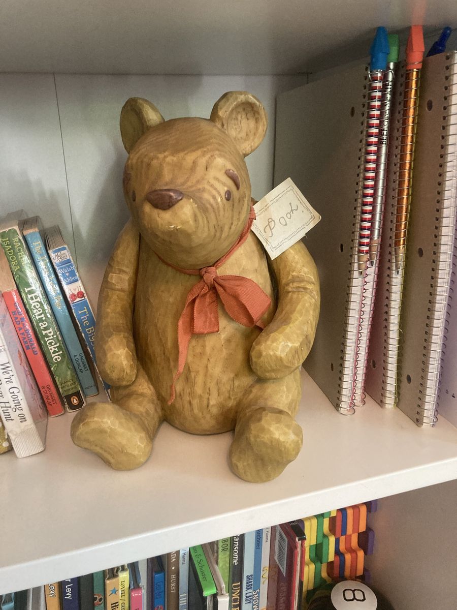 Vintage Winnie the Pooh Wooden Figurine Statue - Hand Carved Style w/Red Bow