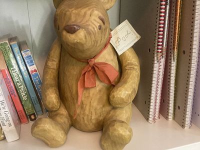 Vintage Winnie the Pooh Wooden Figurine Statue - Hand Carved Style w/Red Bow