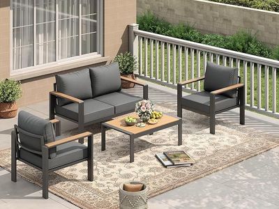Garvee Aluminum Patio Furniture Set 4 Seats, Generous Outdoor Sectional, Washable Thick. Dark Grey